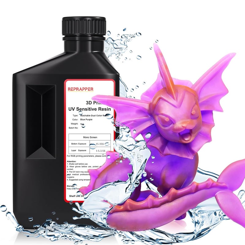 RepRapper Dual Color Water Washable 3D Printer Resin, 405nm Fast UV-Curing Color Change 1kg 3D Printing Resin Photopolymer Sensitive Resin for LCD Printer, Blueish Purple, 1000g - Image 1
